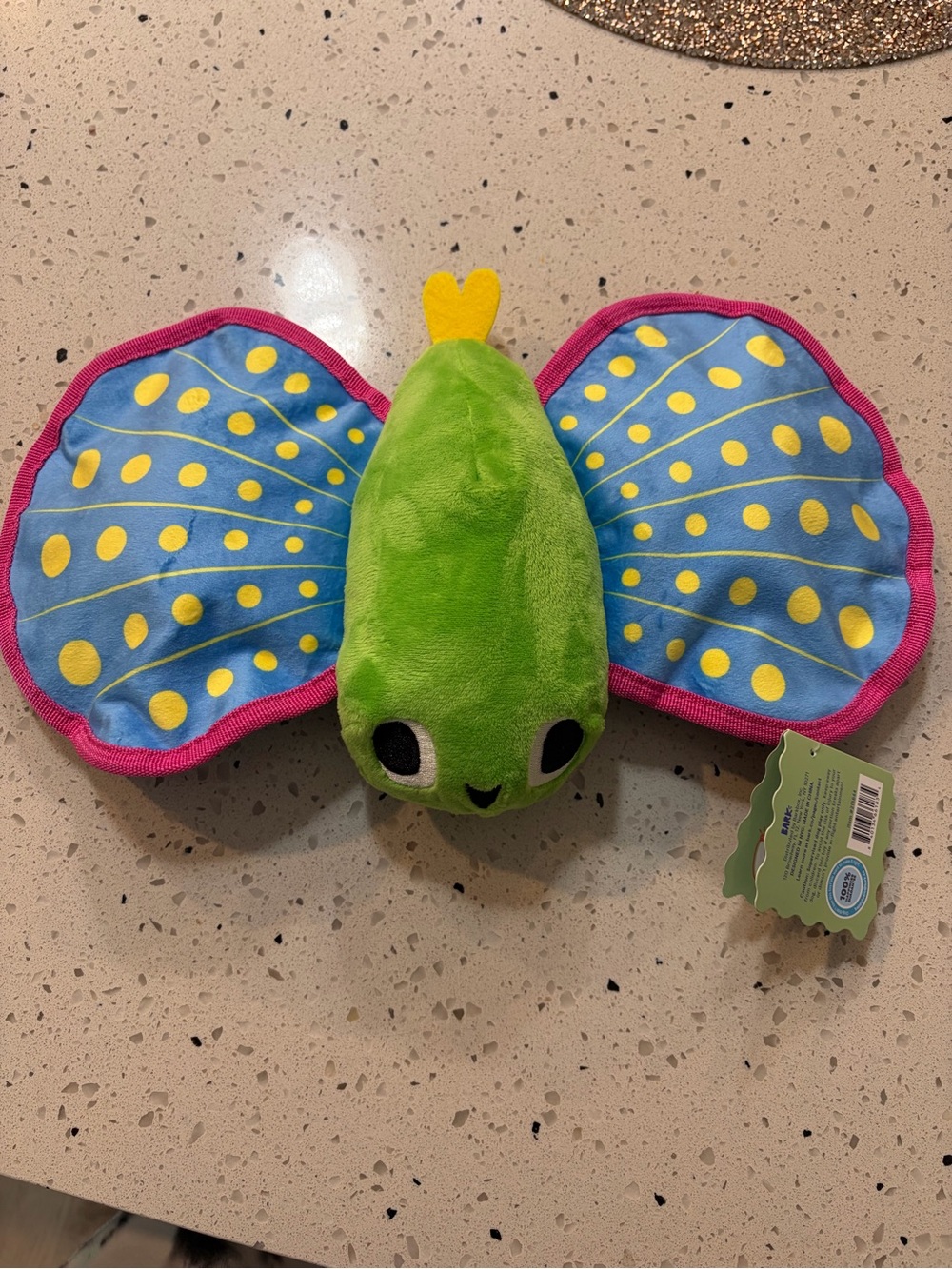 Bark Green Plush Fish Toy with Blue & Yellow Wings and Pink Trim